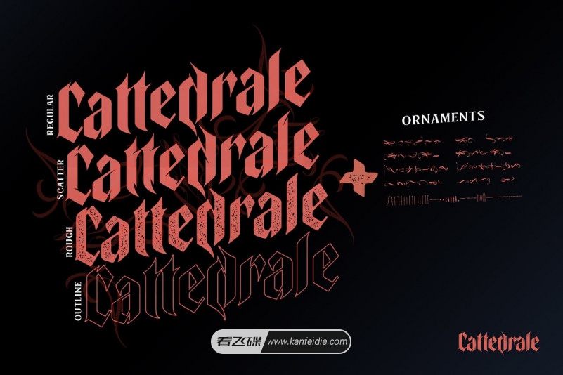 Cattedrale是独特的哥特式英文手写字体。包括4种字体样式，非常适合服装印花，吊牌和包装，品牌设计、游戏UI、小说封面或任何哥特式主题的项目！ 