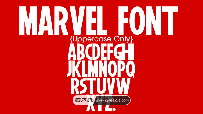 相比经常看漫威电影的小伙伴都看过这个片头吧，红色的背景下写着Marvel这个英文单词，也就是漫威的LOGO。今天分享的就是漫威风格的字体，字形偏窄且粗，字体只支持26个英文大写字母和小数点。