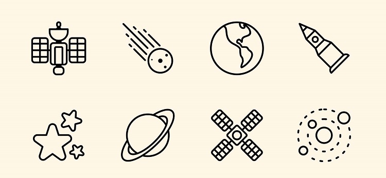 一组关于外太空和宇宙天文学的线条图标素材，有火箭图标，外星人图标，地球，宇宙飞船icon等共12个。