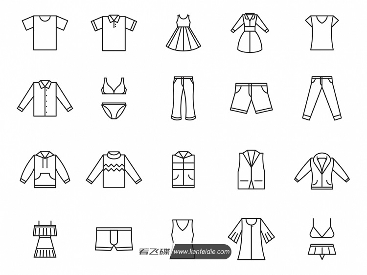 源文件包含了：短袖，Polo衫，连衣裙，大衣，衬衫，内衣，内裤，短裤，牛仔裤，卫衣，毛衣，马甲，夹克，背心等共20个icon图标。