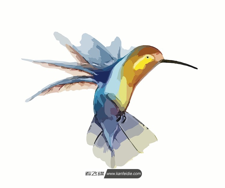 一幅五颜六色水彩画素材，SVG矢量格式，内容为一直可爱的小蜂鸟正在扑棱着翅膀，采食花粉。