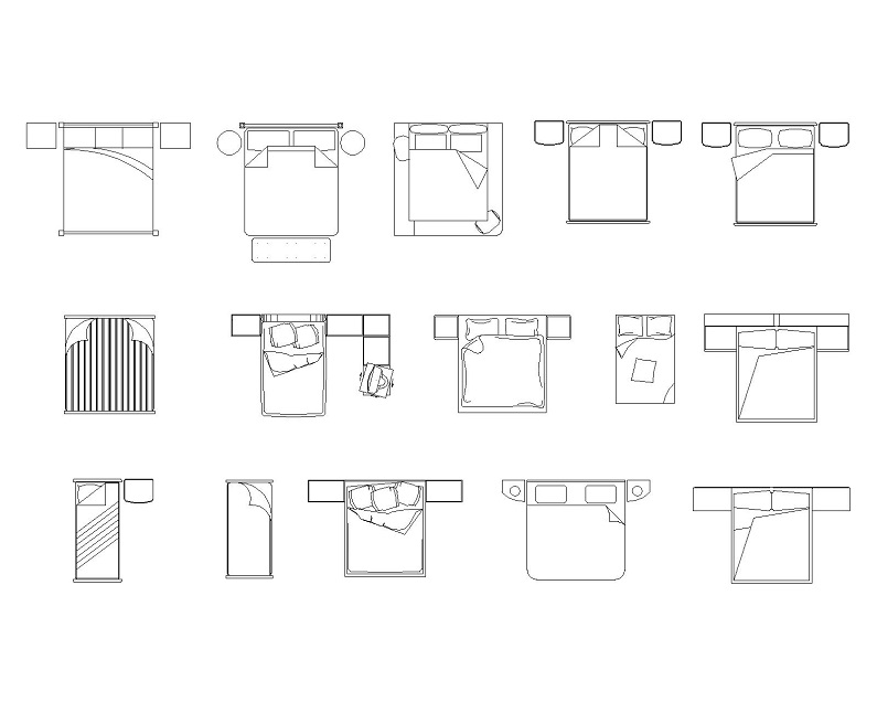 15套单人双人床cad图纸下载_床CAD平面图块素材