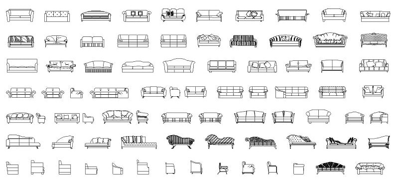 66个沙发cad图纸素材打包下载_欧式沙发椅cad立面图块合集