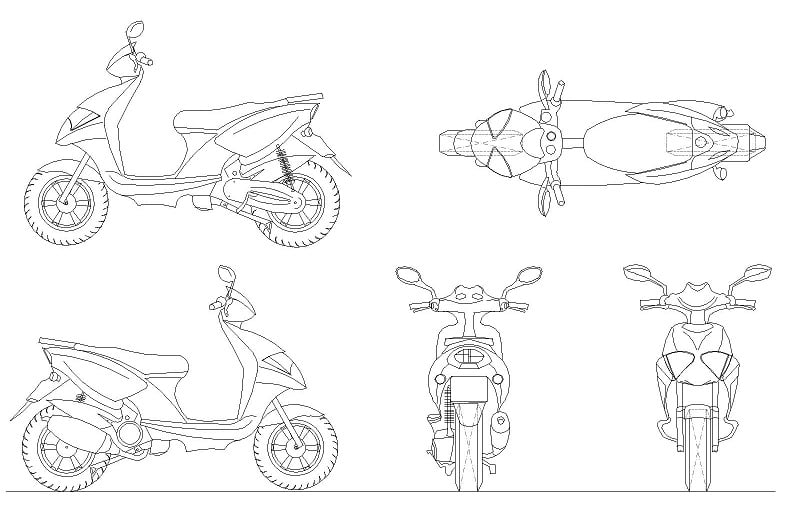 平面三视图踏板摩托车cad图纸设计素材下载