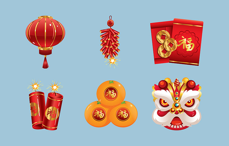 新年春节素材 灯笼 鞭炮 红包 狮子头矢量图设计元素下载