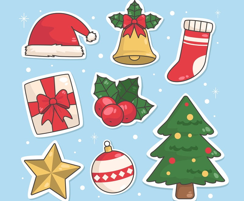 圣诞节帽子 袜子 礼物 松树 铃铛卡通手绘图标元素eps矢量图素材下载