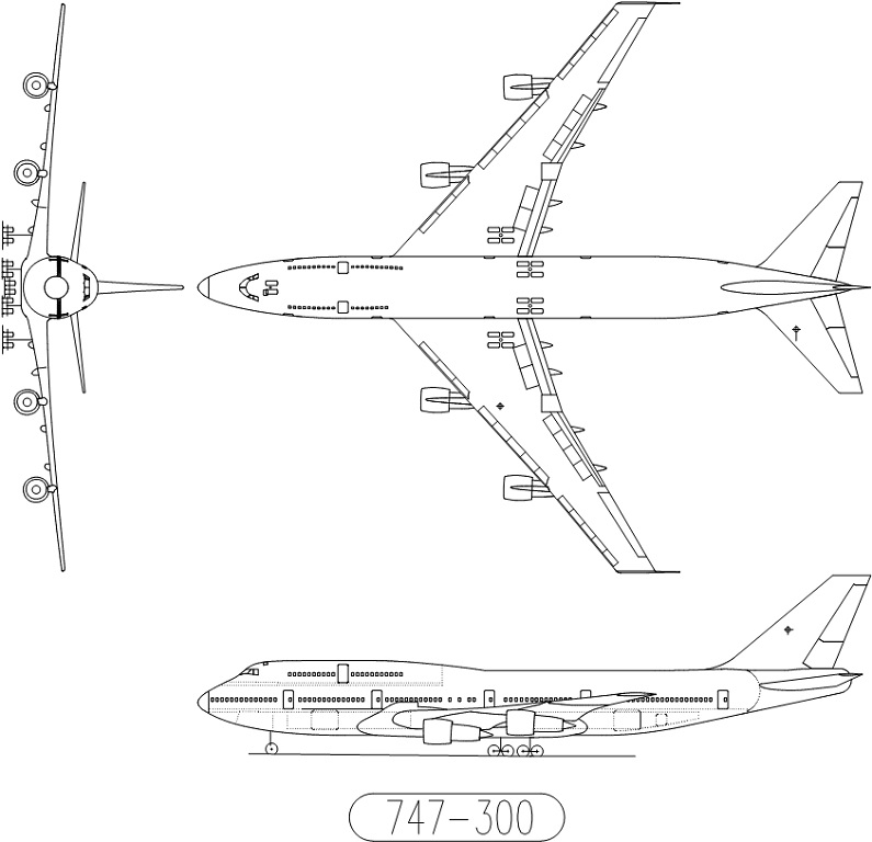 波音747-300cad图纸 飞机平面三视图下载
