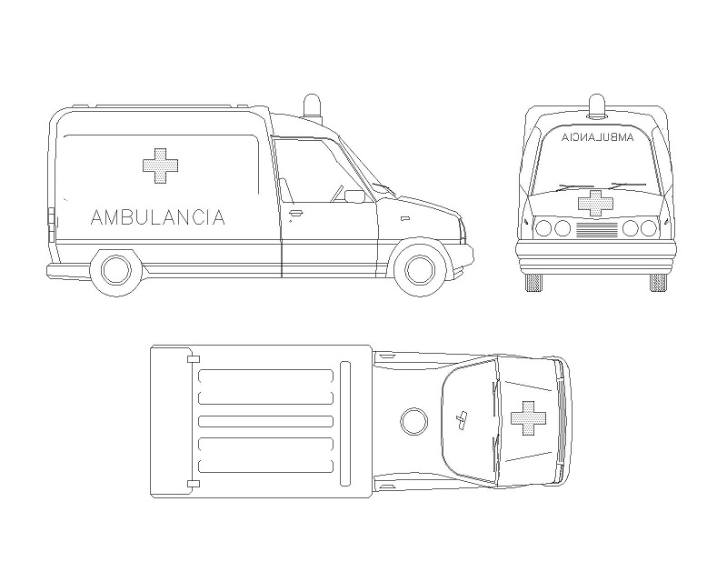 救护车cad图纸下载 医院专用特种车三视图平面图块dwg