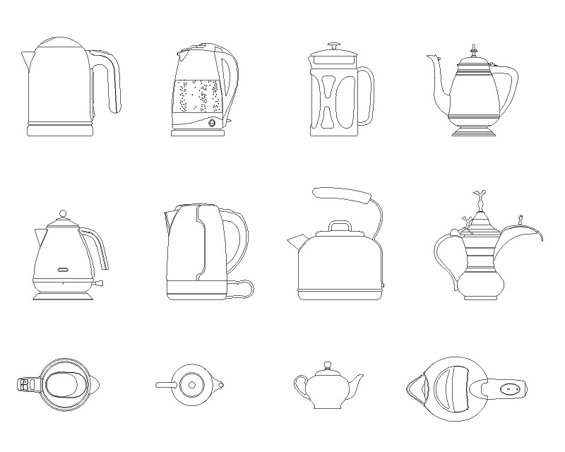 热水壶 西式电茶壶 陶瓷中式茶具cad平面图纸大全下载