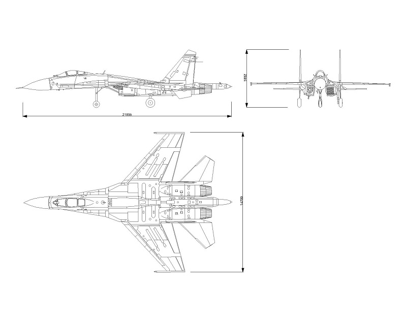 喷气式战斗机苏-35三视图飞机图块下载