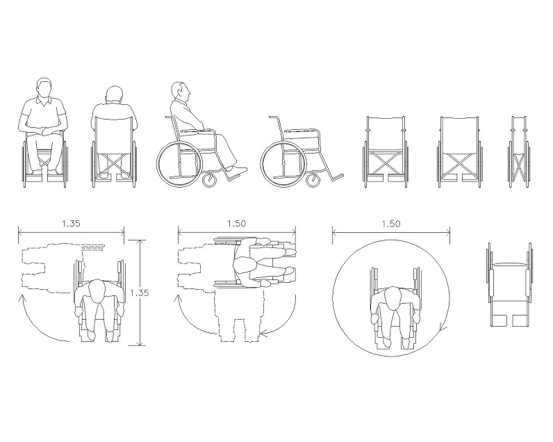 轮椅轮廓以及坐在轮椅上的残疾人的cad图纸下载